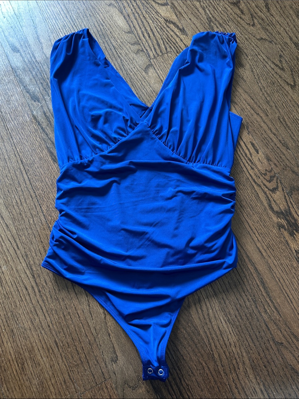 Body Contour Thong Royal Blue One-Piece Ruched Sleeveless V Neck & Back Bodysuit